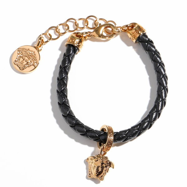 Medusa Braided Leather Bracelet with Gold Hardware