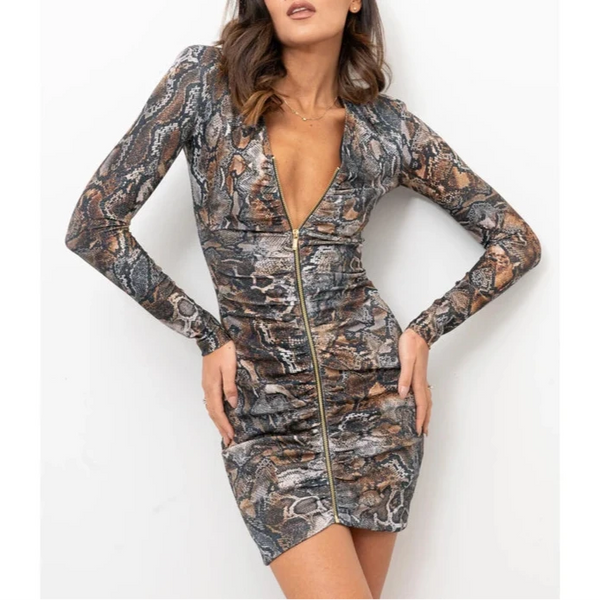 Purple/Yellow Printed Long-Sleeve Ruched Zip Mini Dress