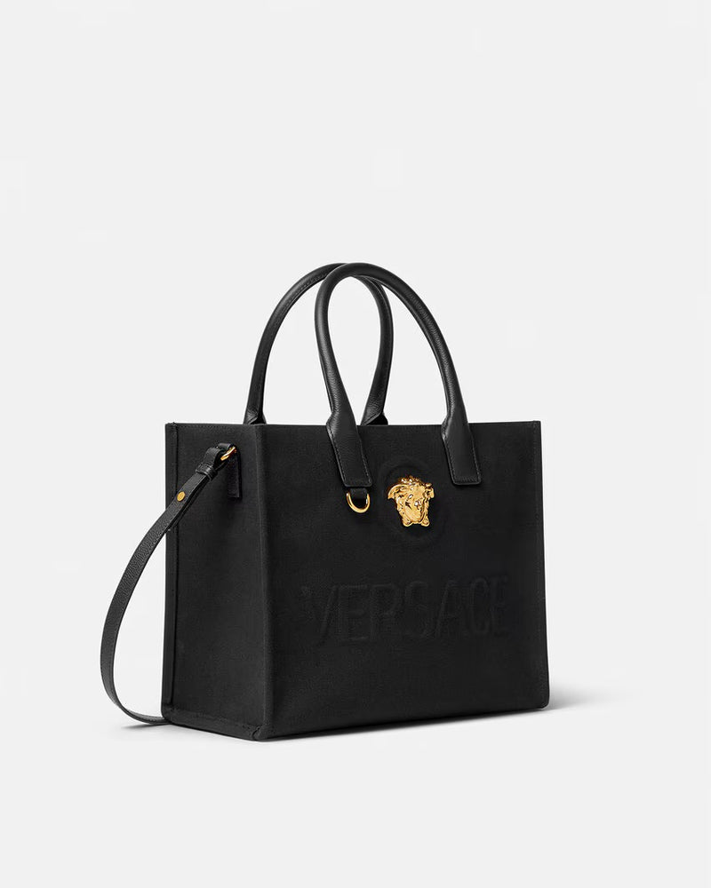 La Medusa Embossed Small Tote Bag in Black