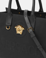 La Medusa Embossed Small Tote Bag in Black