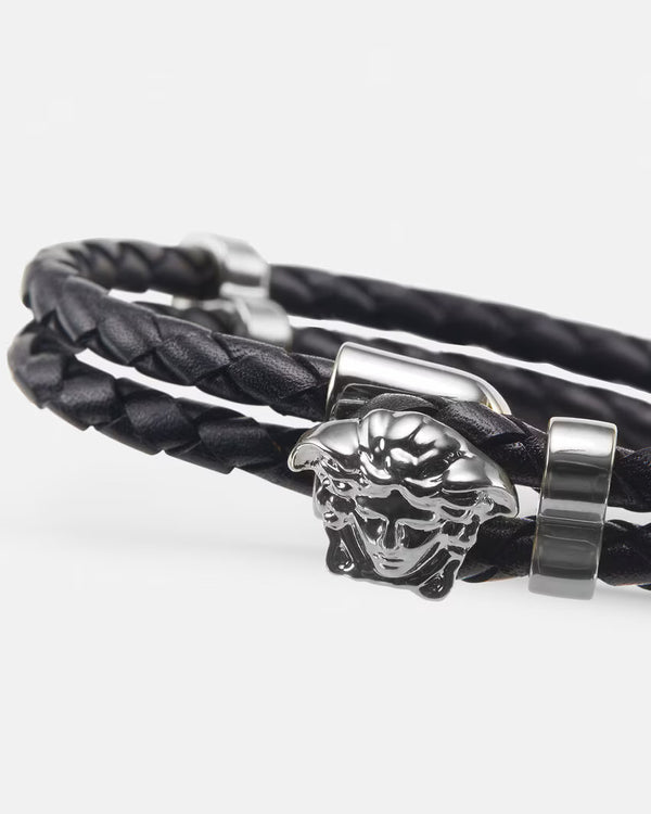 Medusa Braided Leather Bracelet with Silver Hardware