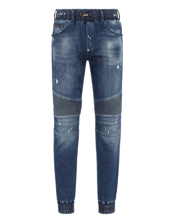 Blue Distressed Denim Jogging Trousers