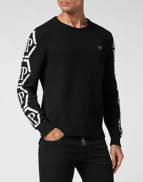 Black Crewneck Hexagon Knit