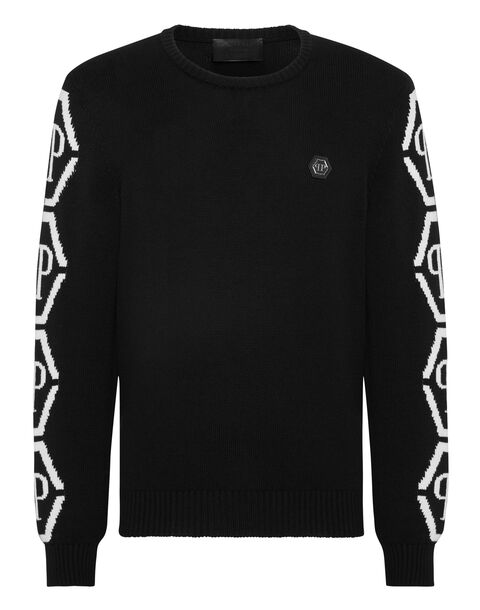 Black Crewneck Hexagon Knit