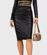 Logo Waistband Leather Midi Skirt